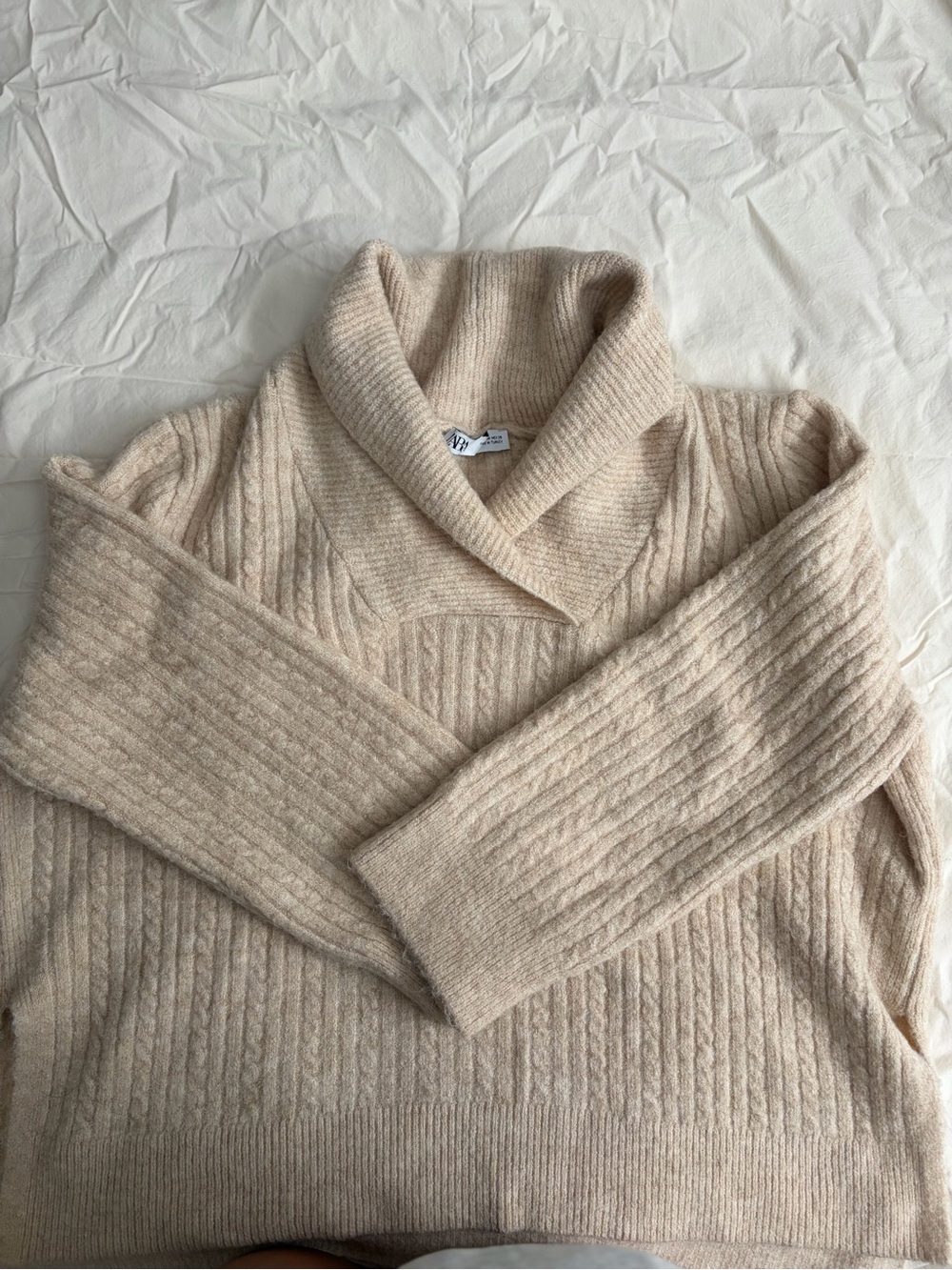 Zara Cream Ribbed Shawl Collar Turtleneck Sweater